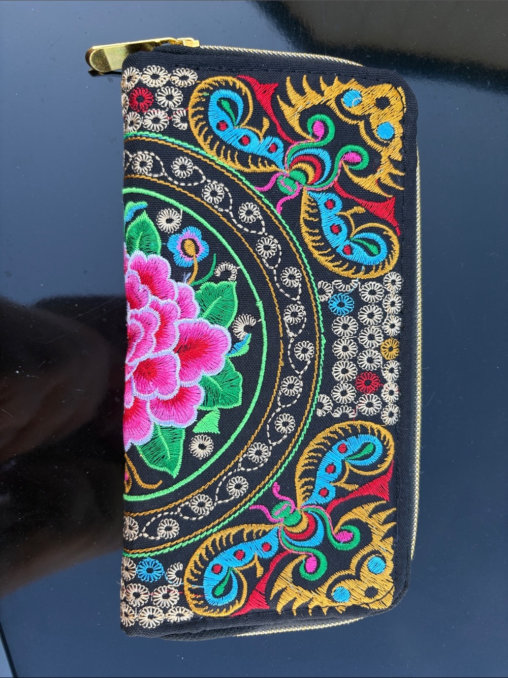 Embroidered Floral Zip Wallet - Black with Pink & Green